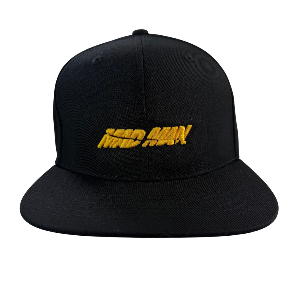 Mad Man Snapback Hat Black Yellow Embroidered Flat Brim Adjustable Cap
